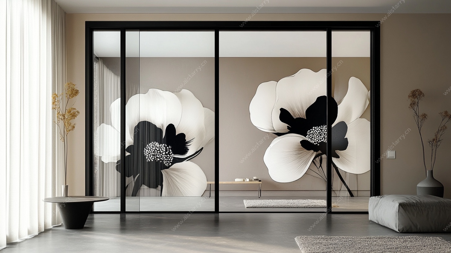 黑白花卉玻璃隔断客厅美