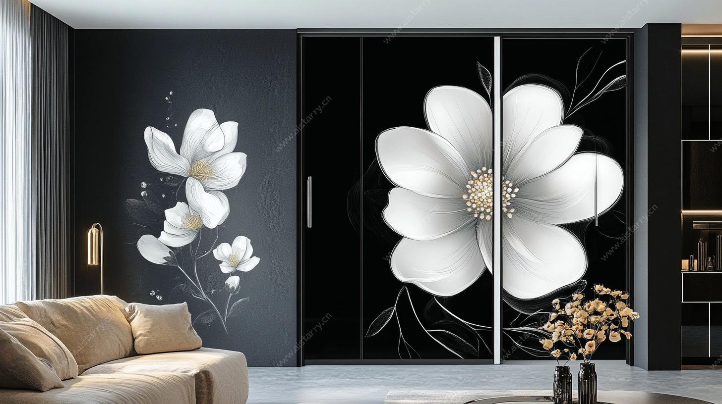 黑白花卉风客厅墙面装饰