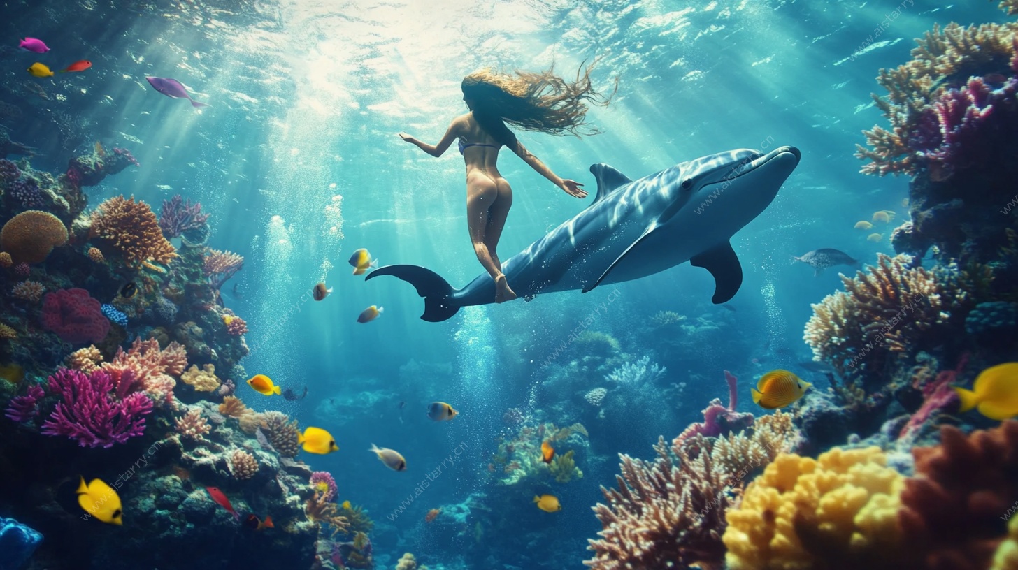 海底美人鱼与海豚共游图