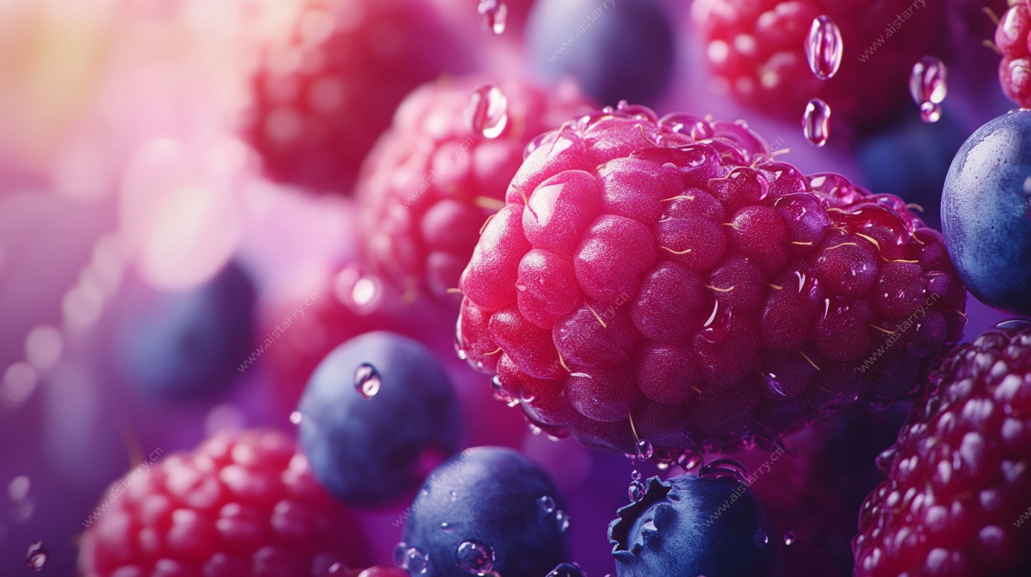 新鲜多汁的树莓与蓝莓