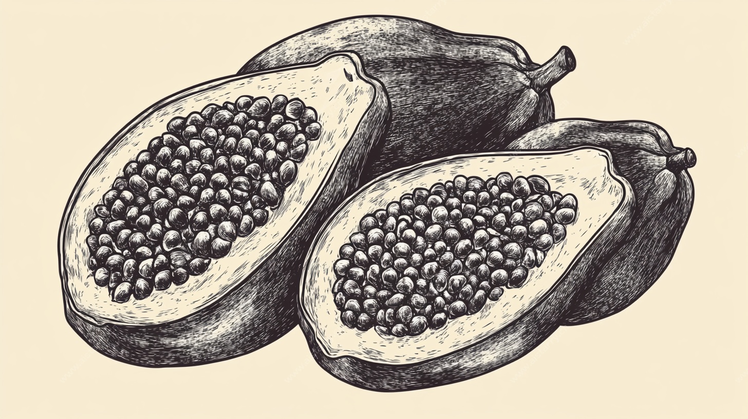 手绘切开的木瓜静物图