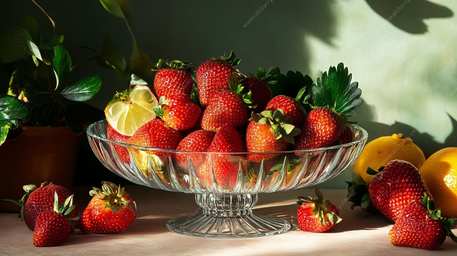 玻璃盘中的新鲜草莓