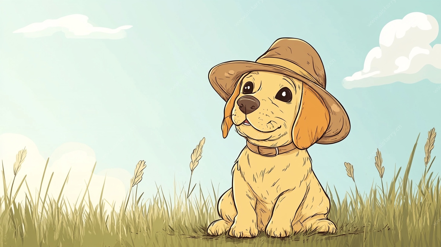 戴帽小狗的草地惬意时光