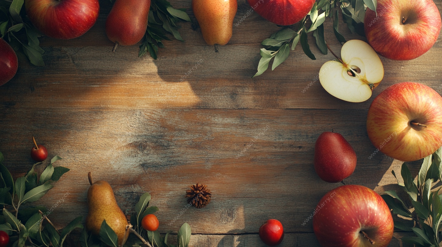 木质桌面上的丰收水果
