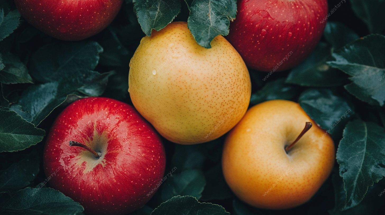 多彩苹果与绿叶的静物组合