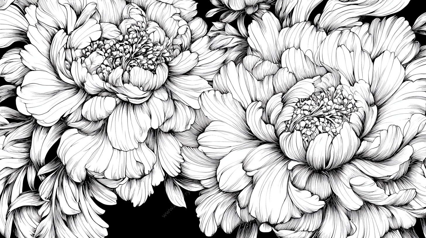 黑白牡丹花卉图案
