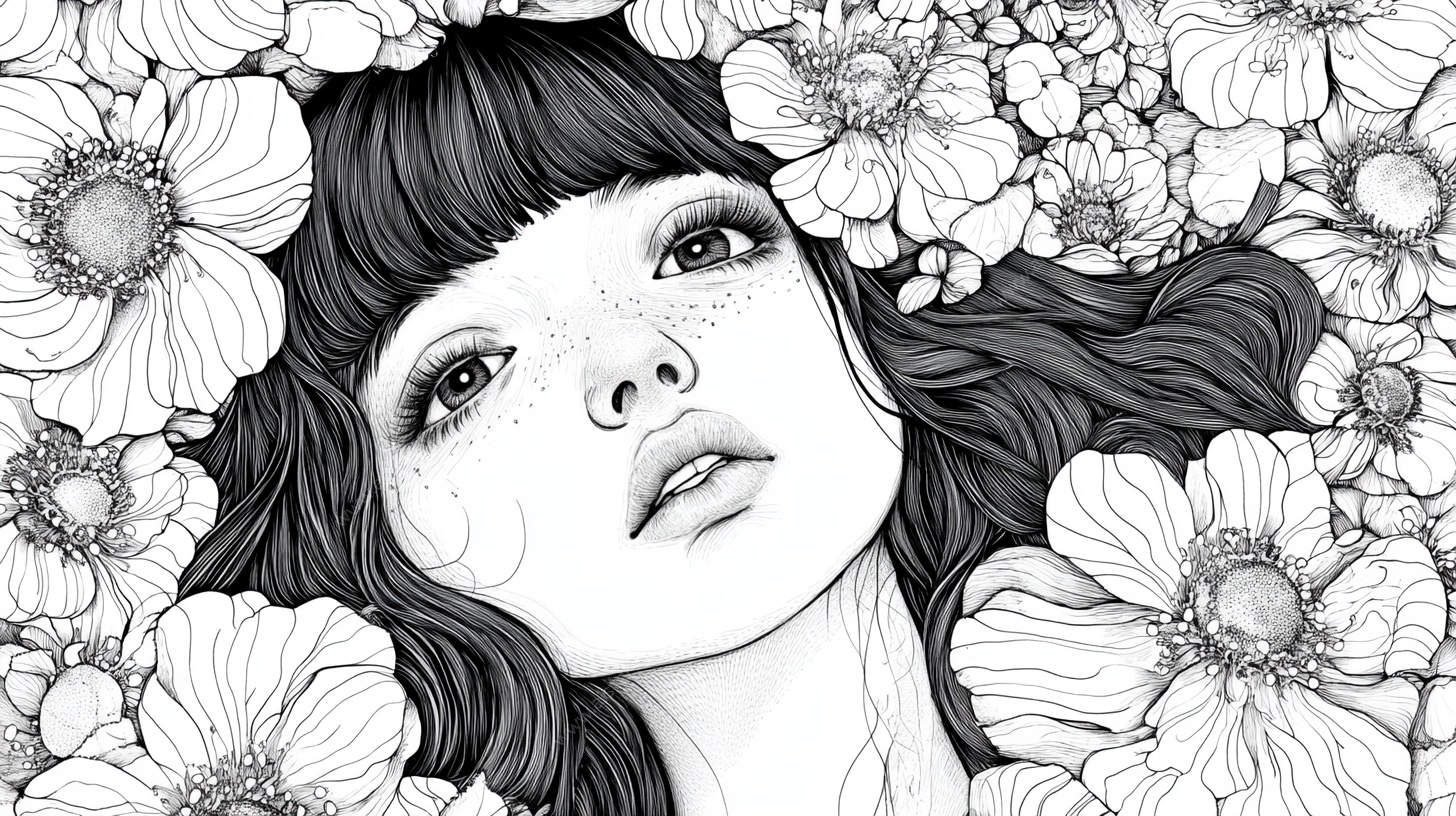 花中少女黑白插画