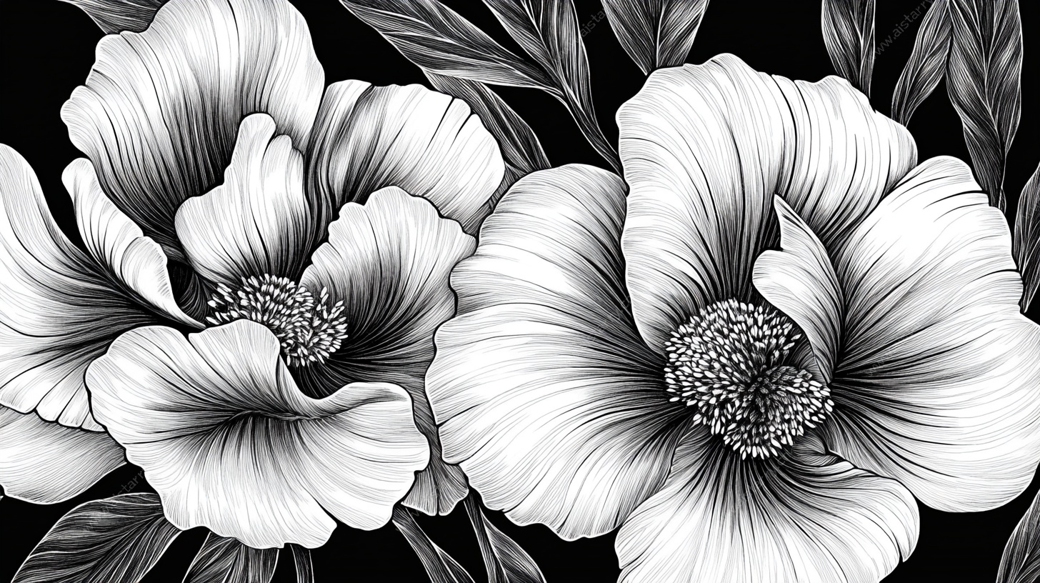 黑白花卉线条插画