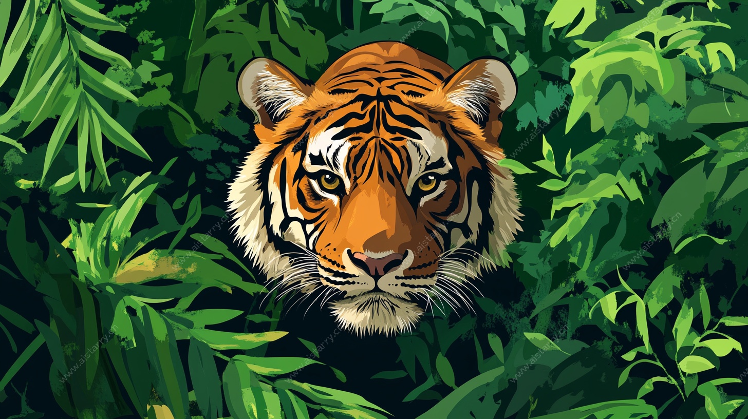丛林中的老虎头像插画