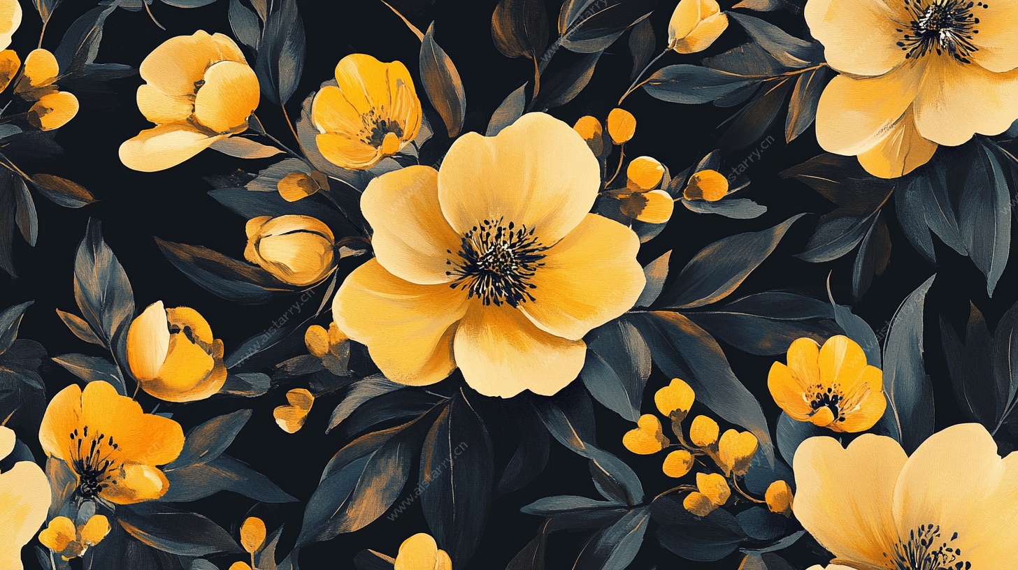 黄色花卉的深色背景图案
