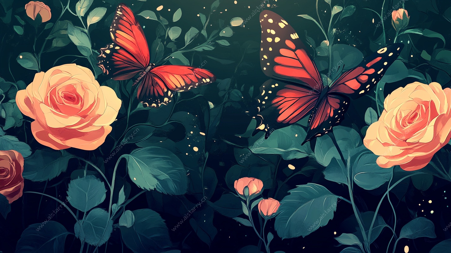 玫瑰丛中的蝶影