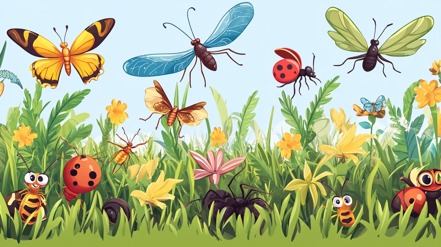 多彩昆虫的草地欢乐派对