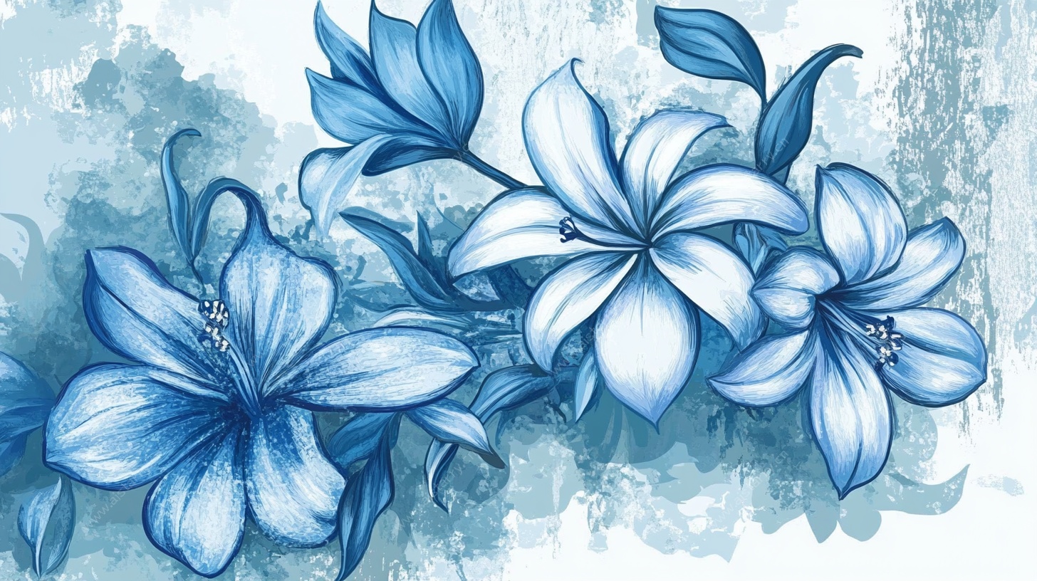 蓝调手绘百合花插画