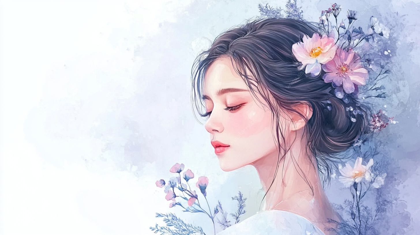 花饰少女侧颜梦幻插画