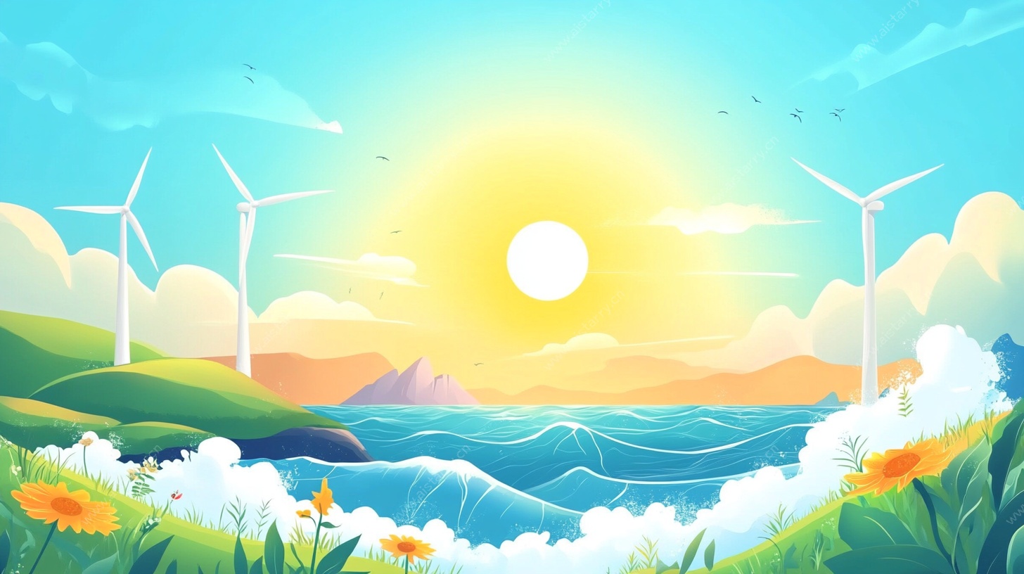 海边风车田园风光插画