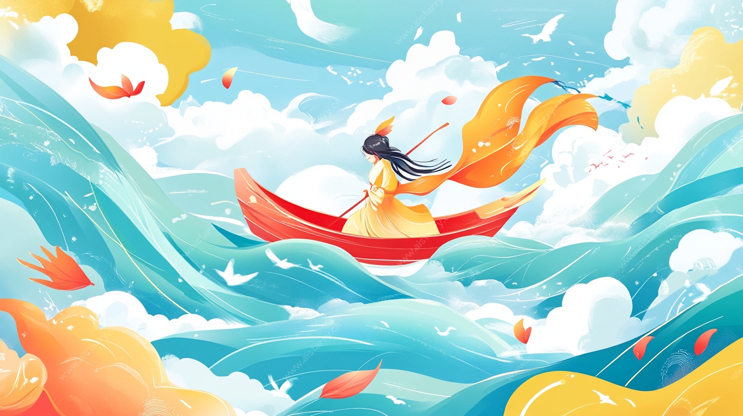 少女泛舟于云海波涛间