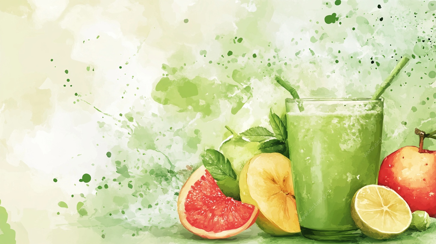 水彩风绿色果蔬汁插画