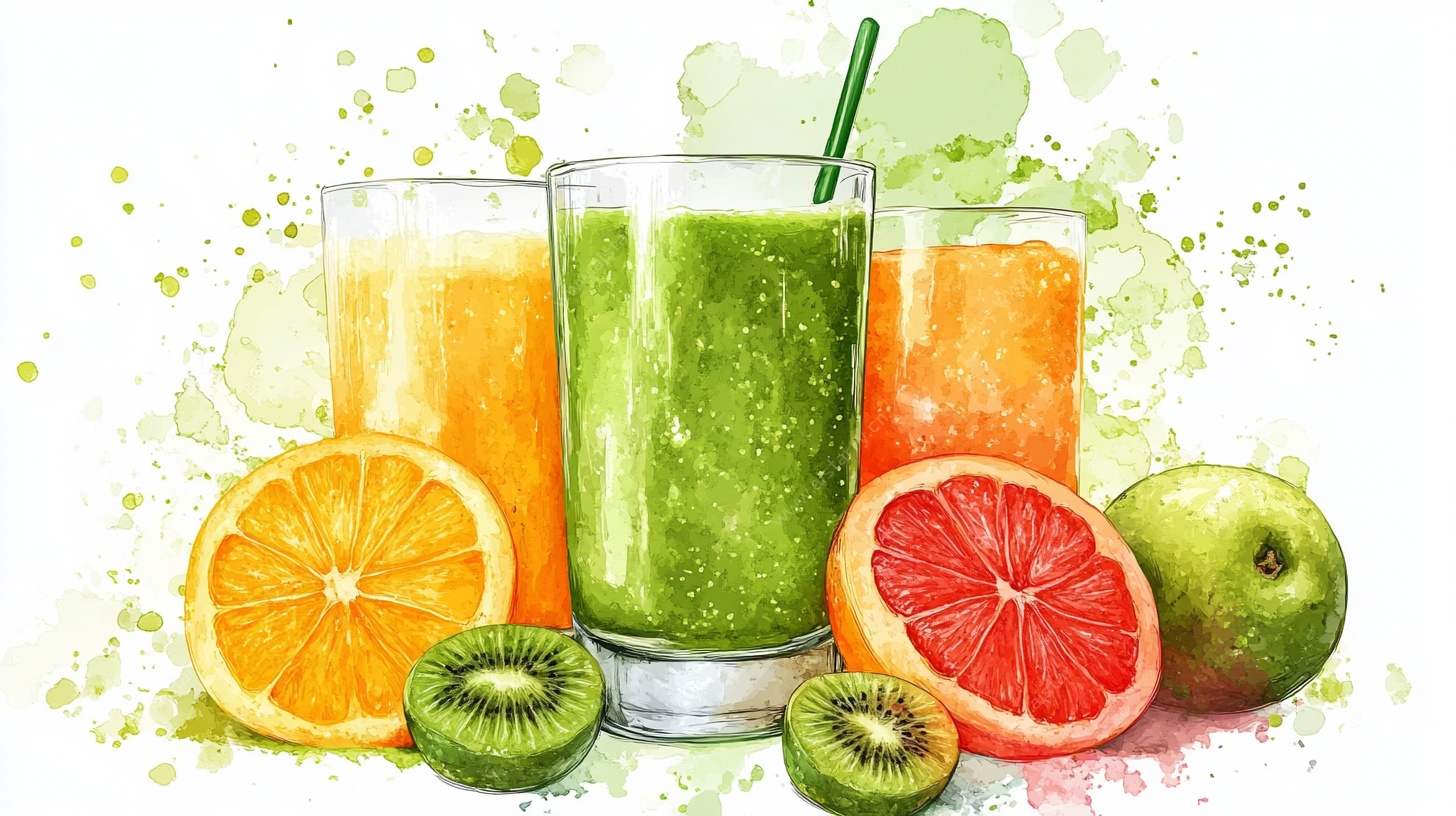 水彩风鲜榨果汁与水果图