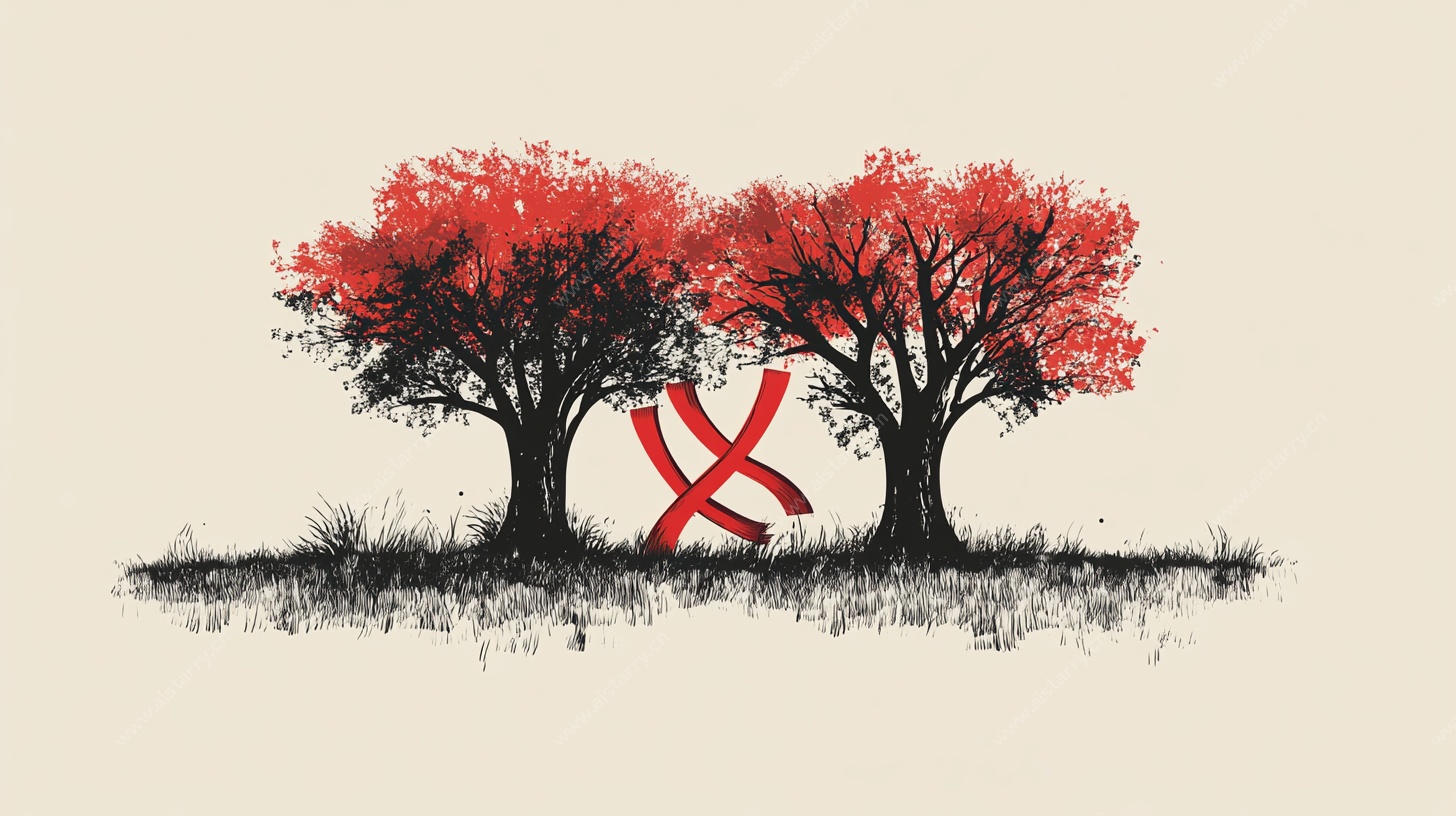 双树间的红丝带艺术图