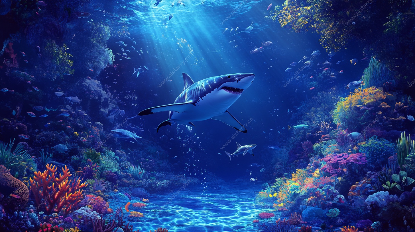 深海鲨鱼遨游奇幻珊瑚海