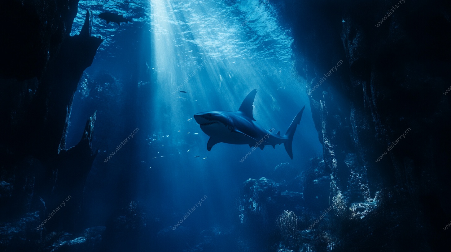 深海鲨鱼光影奇幻画面