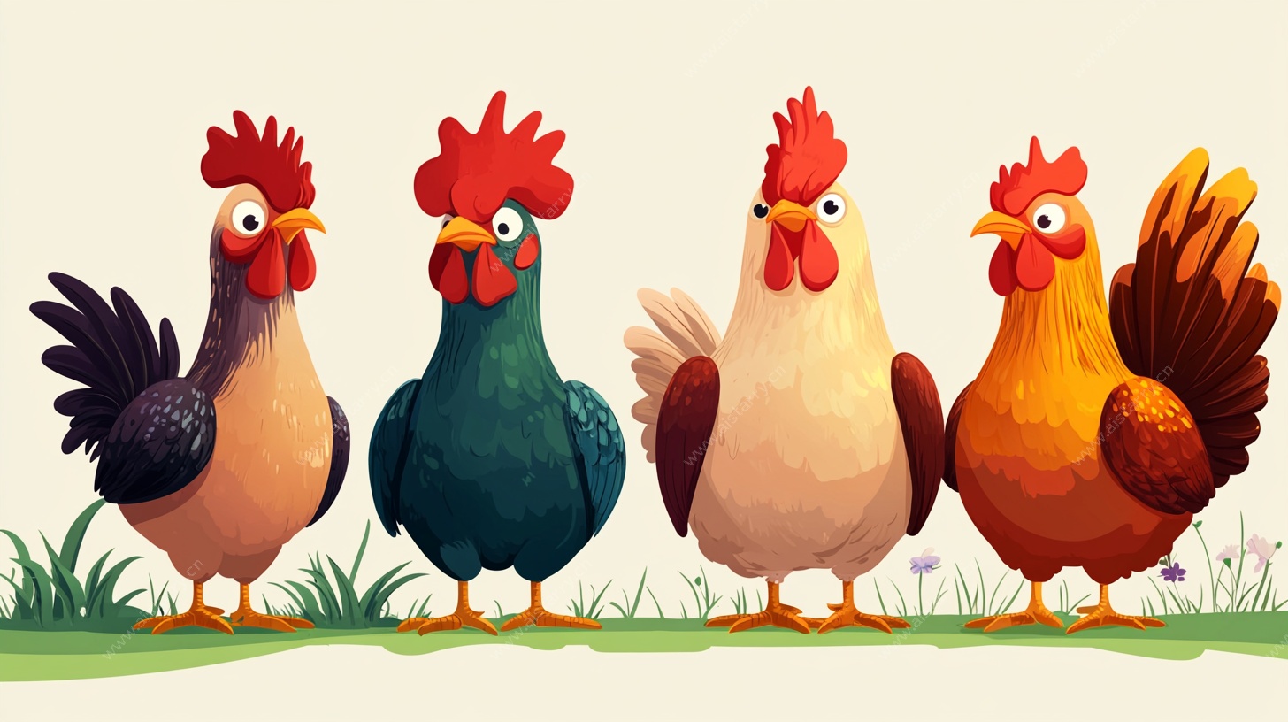 四只可爱卡通鸡站成排