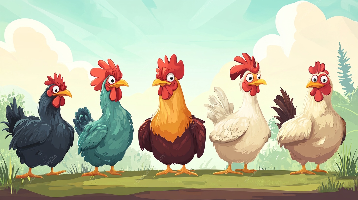 五只多彩公鸡田园图
