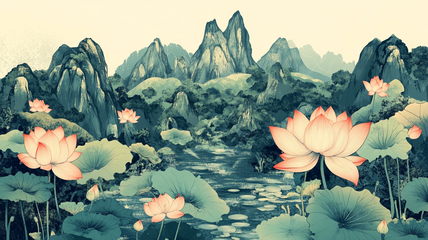 水墨荷塘山水图