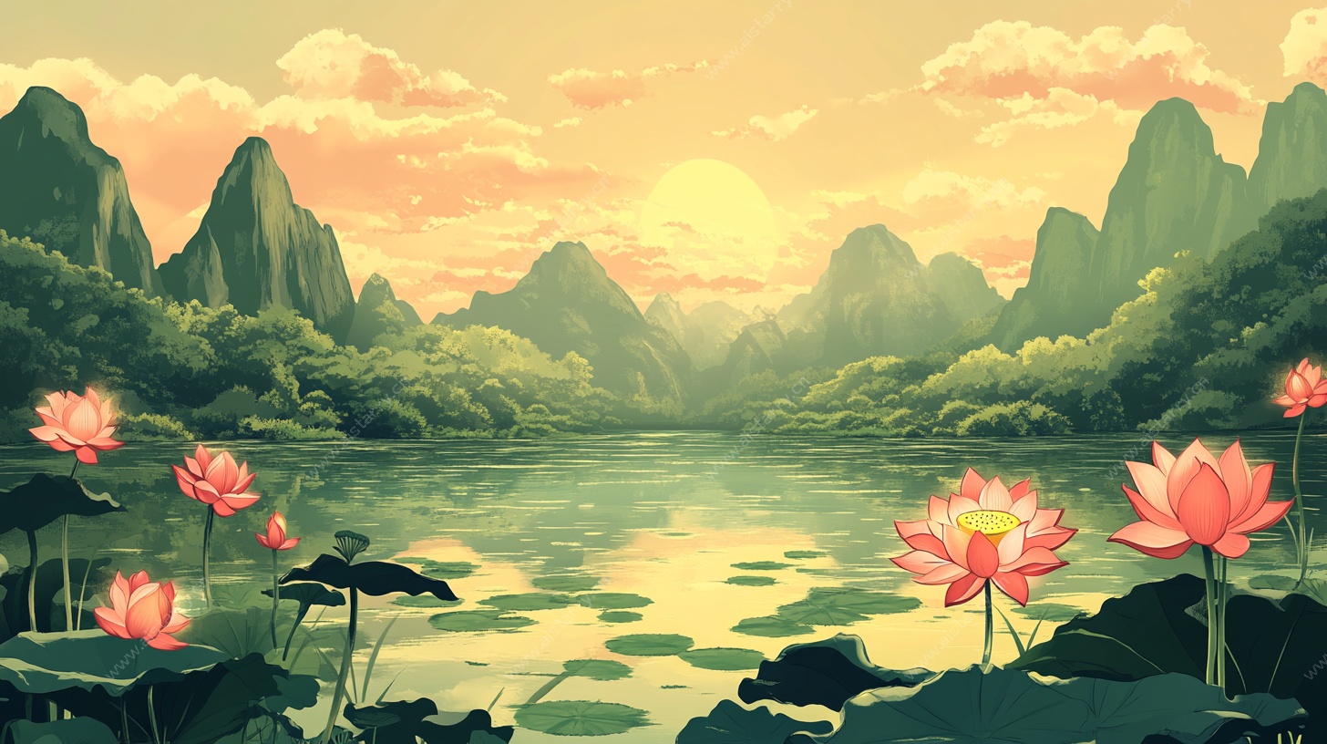 夕阳下的山水荷花景