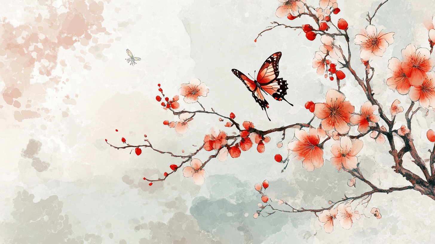 红梅蝴蝶水墨图