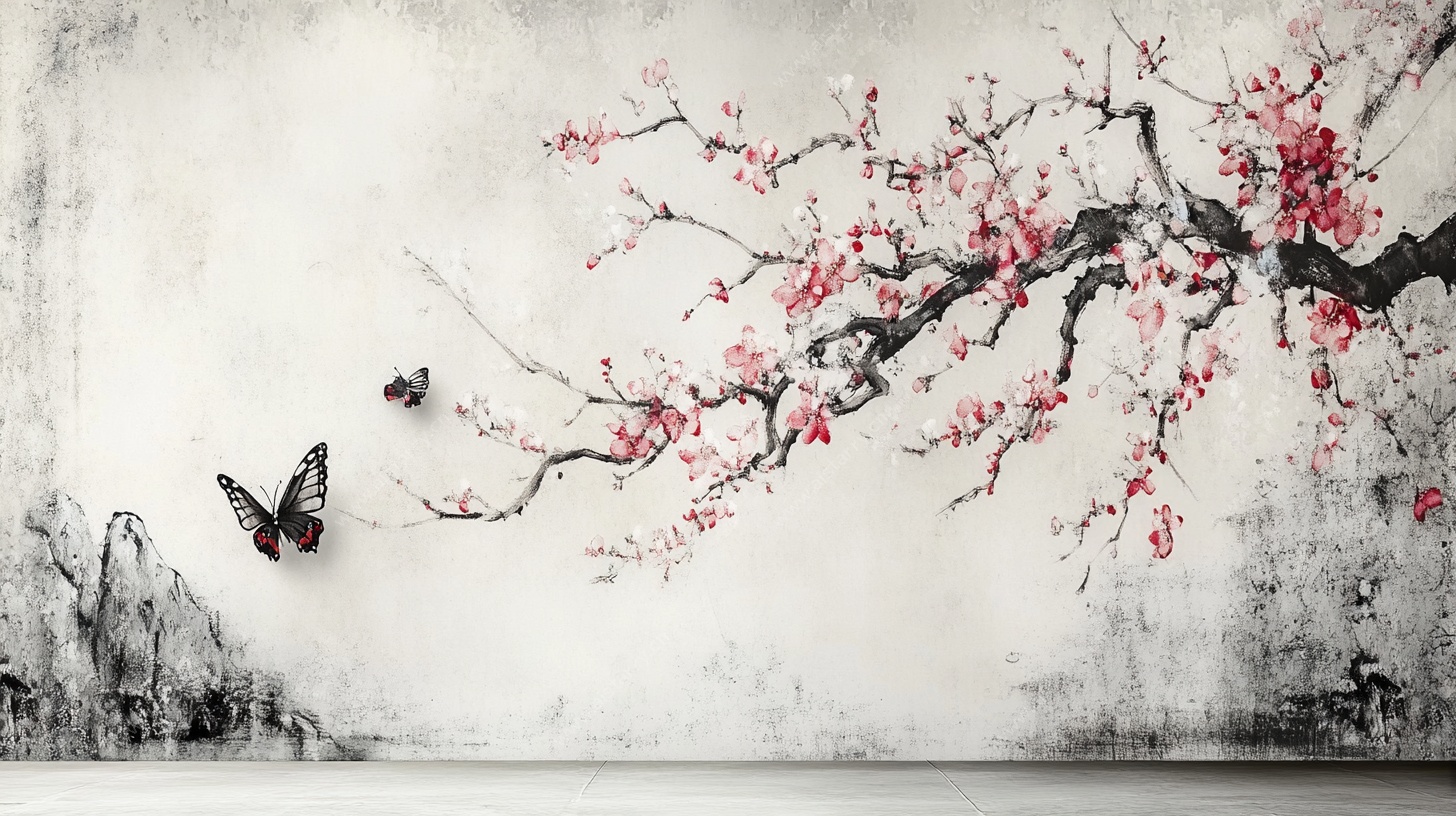 墨韵红梅双蝶图