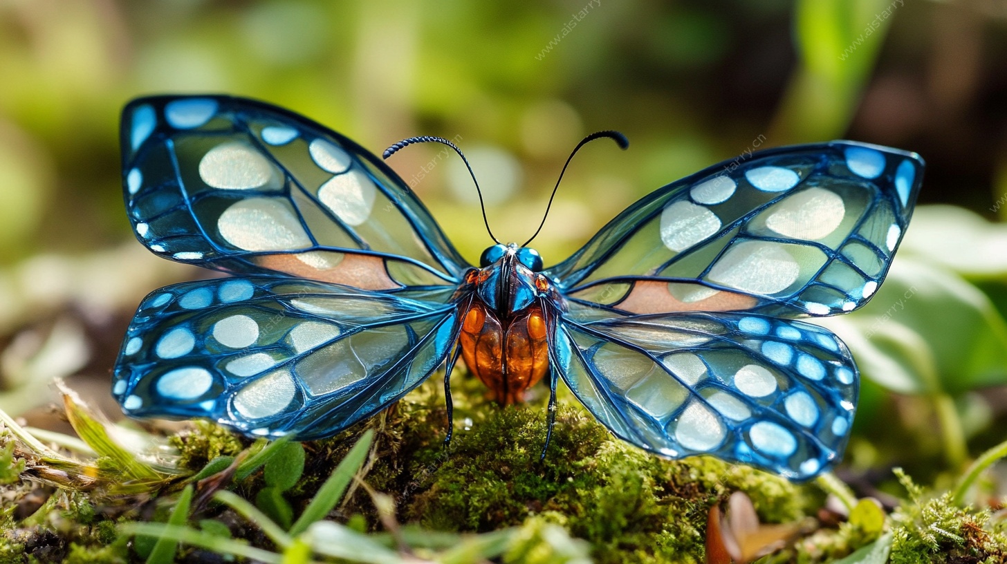 梦幻蓝蝶停驻翠绿苔藓间