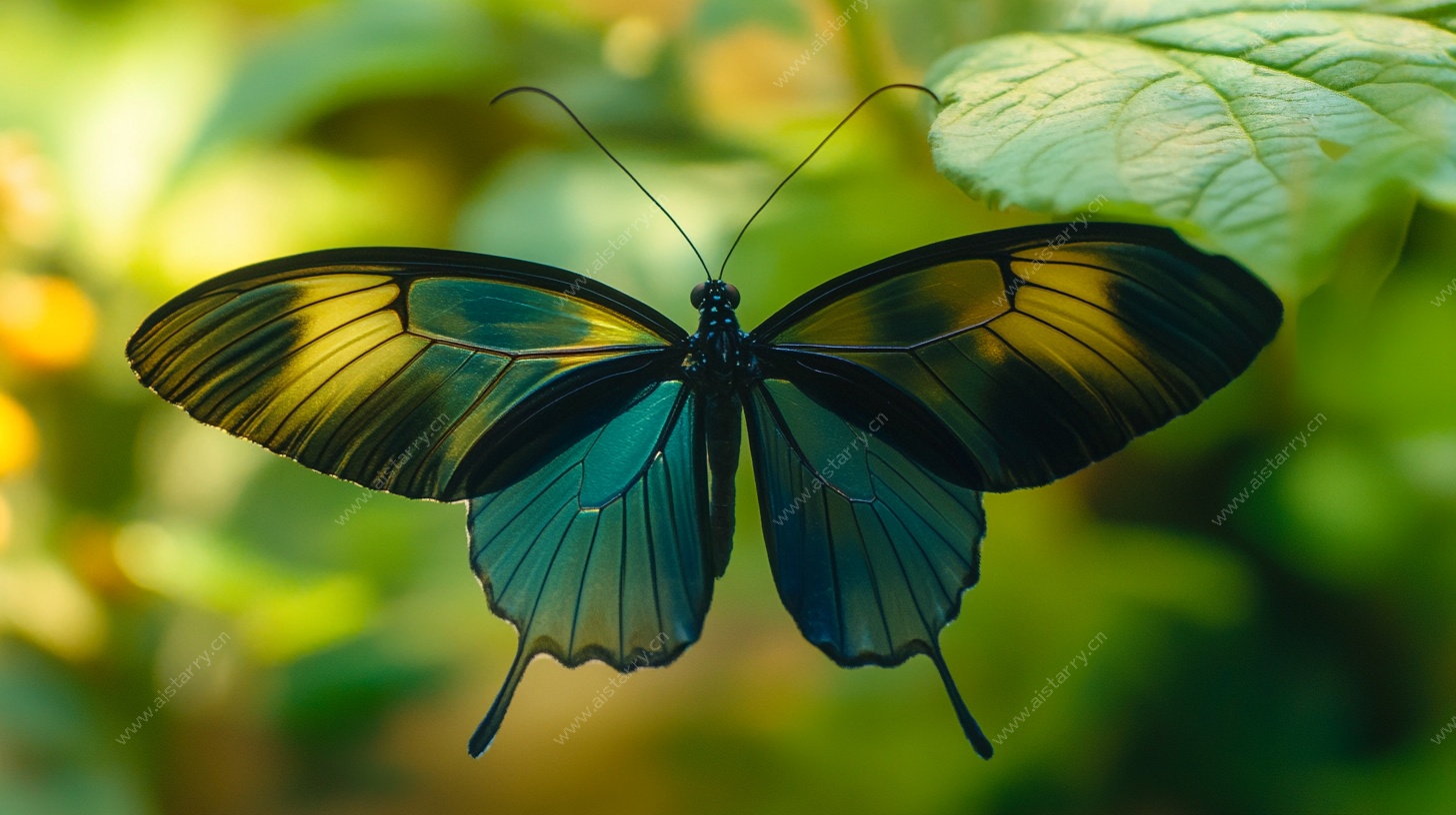 蓝绿蝴蝶停于绿叶间