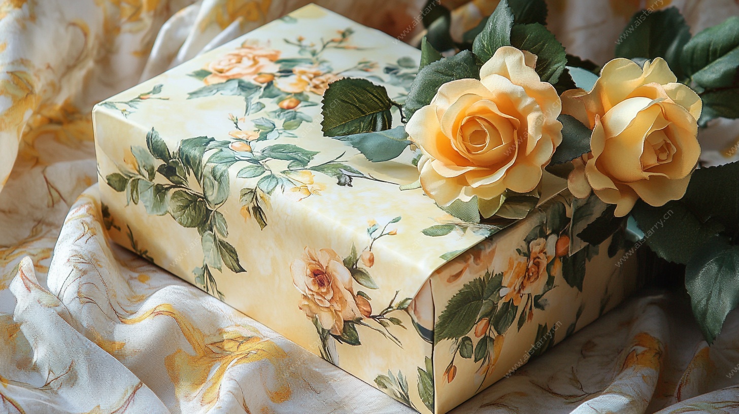 复古花卉礼盒与黄玫瑰