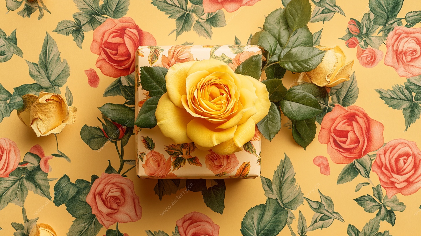 黄玫瑰礼盒置于花卉背景中