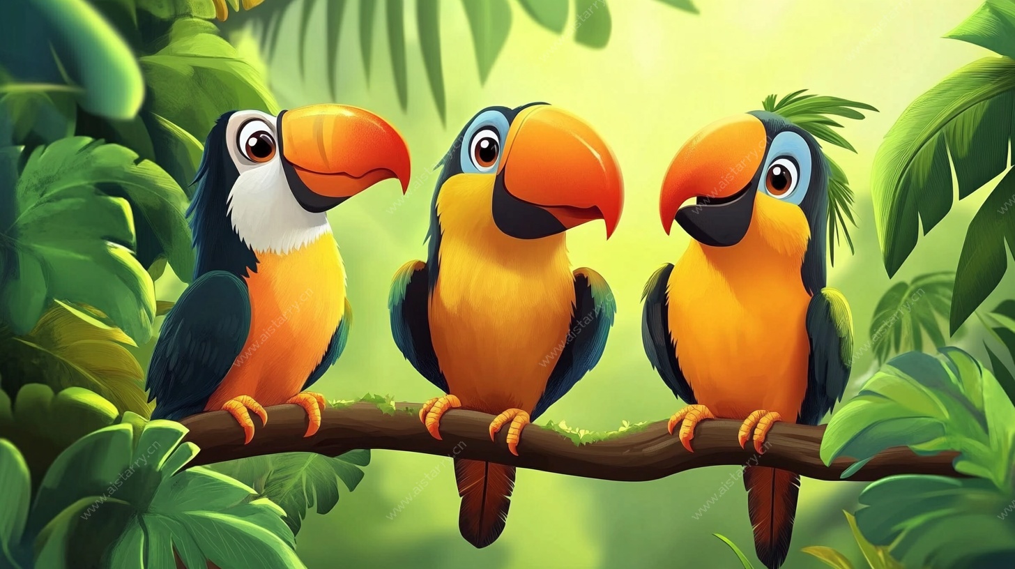 三只巨嘴鸟栖于枝头