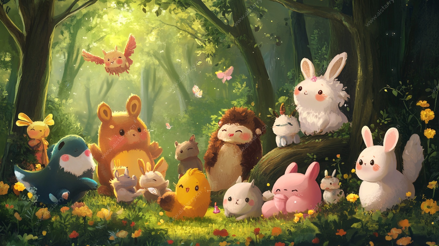 森林中的可爱动物聚会