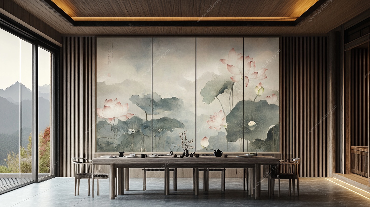 中式茶室之水墨荷花意境