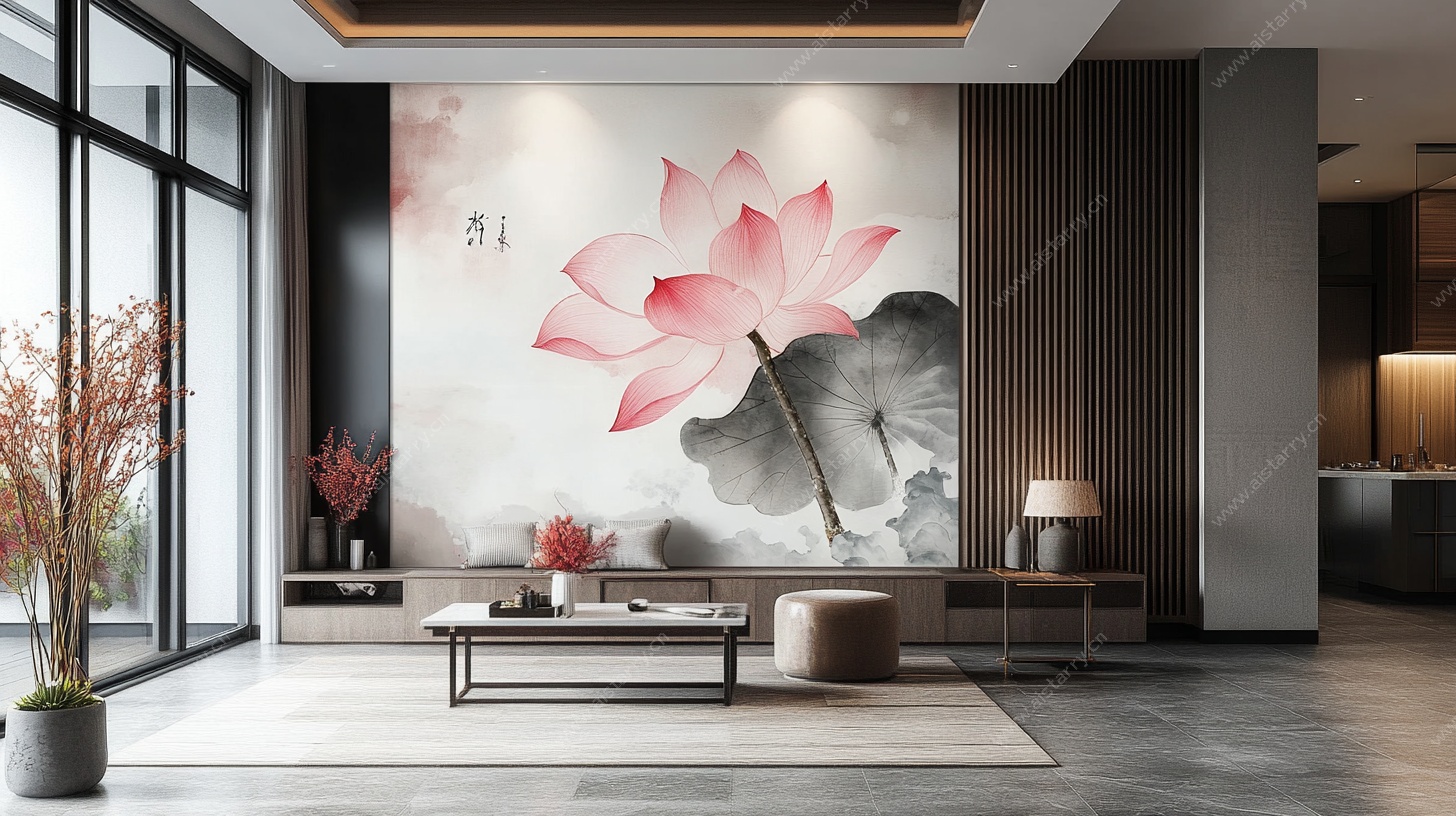 中式客厅的水墨荷花壁画