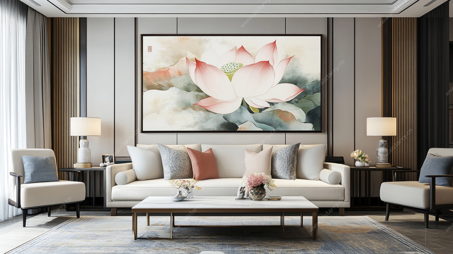 中式客厅里的荷花挂画