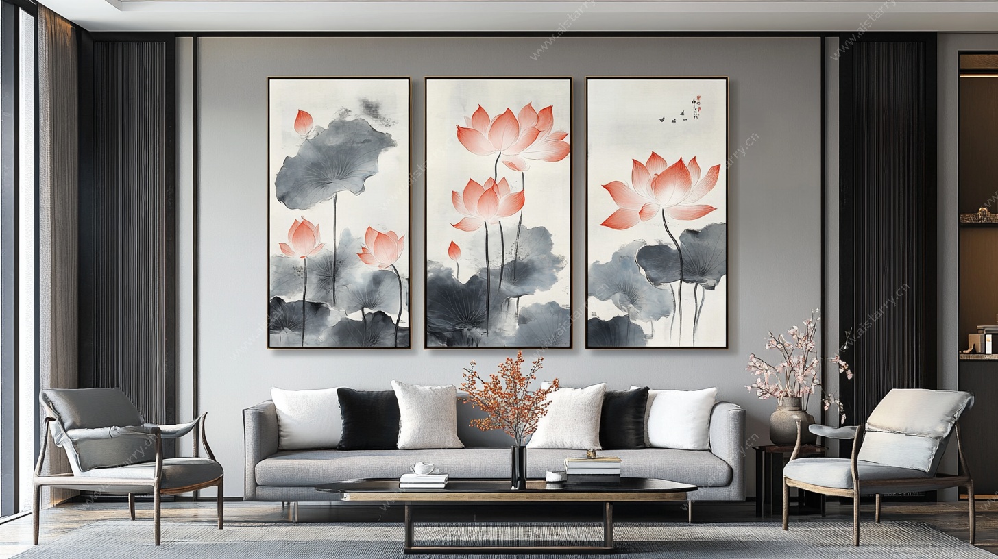 新中式客厅荷花三联装饰画