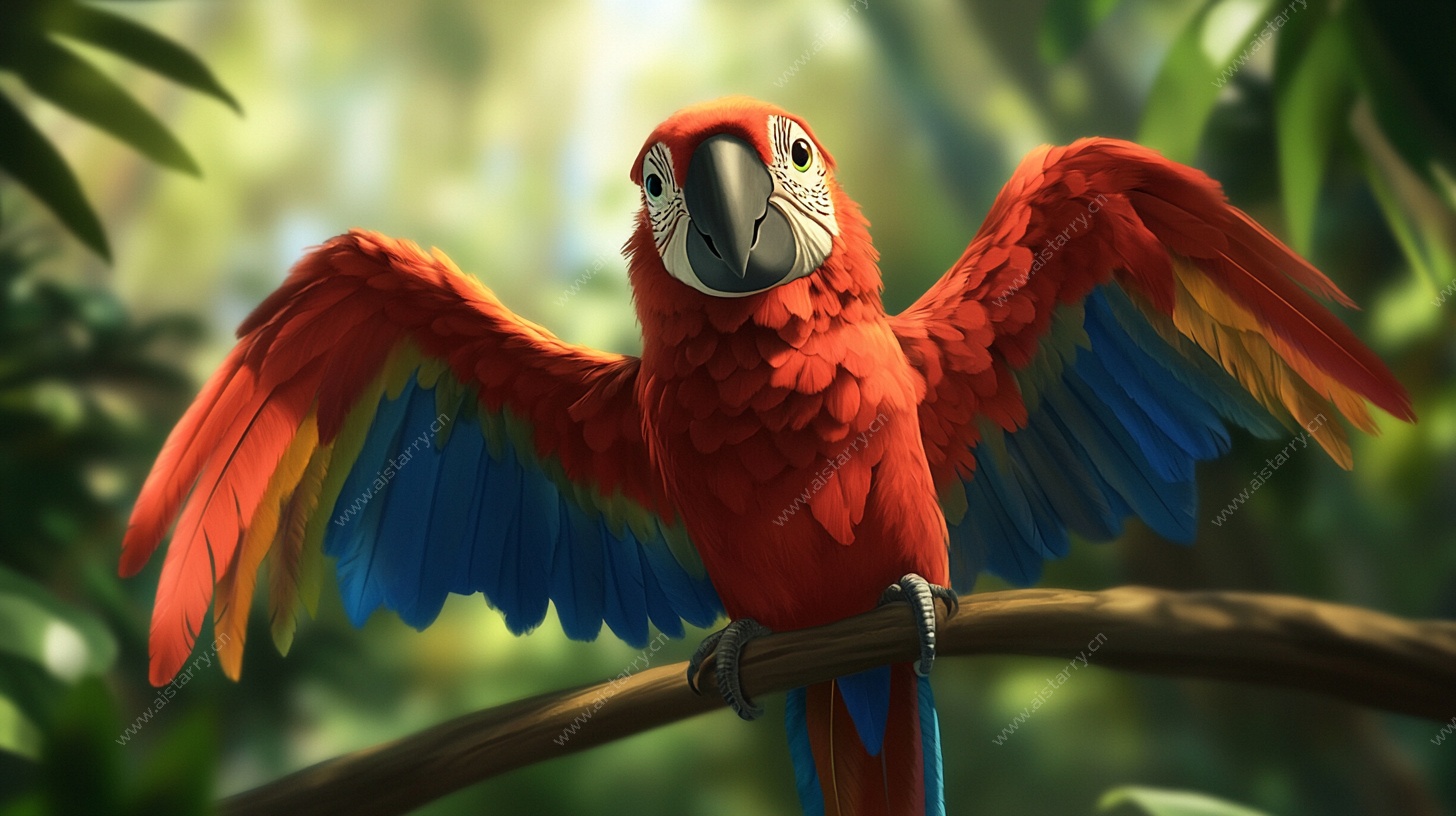 红羽鹦鹉栖于丛林枝头