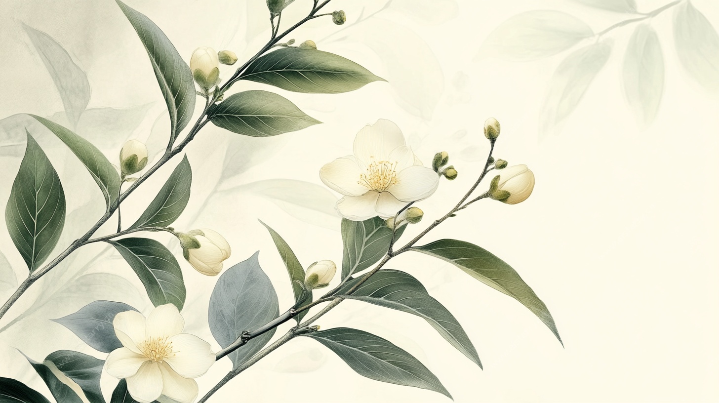 淡雅白花绿叶插画