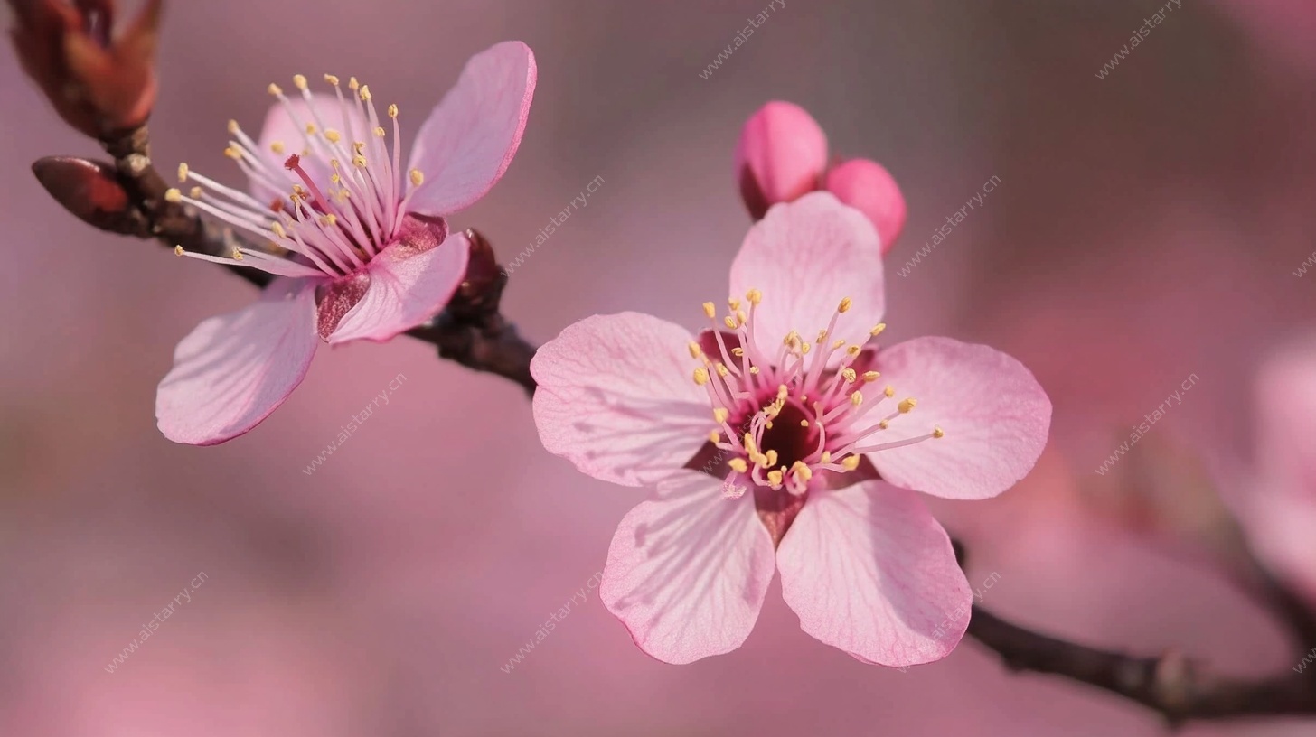 枝头粉嫩桃花绽放