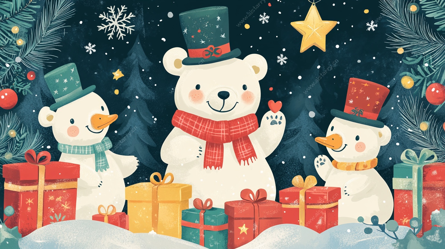 北极熊与雪人欢乐过圣诞