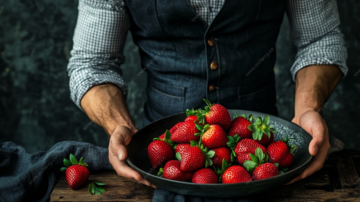 男子捧盘鲜草莓特写