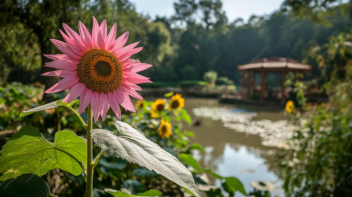 粉色向日葵下的湖畔美景