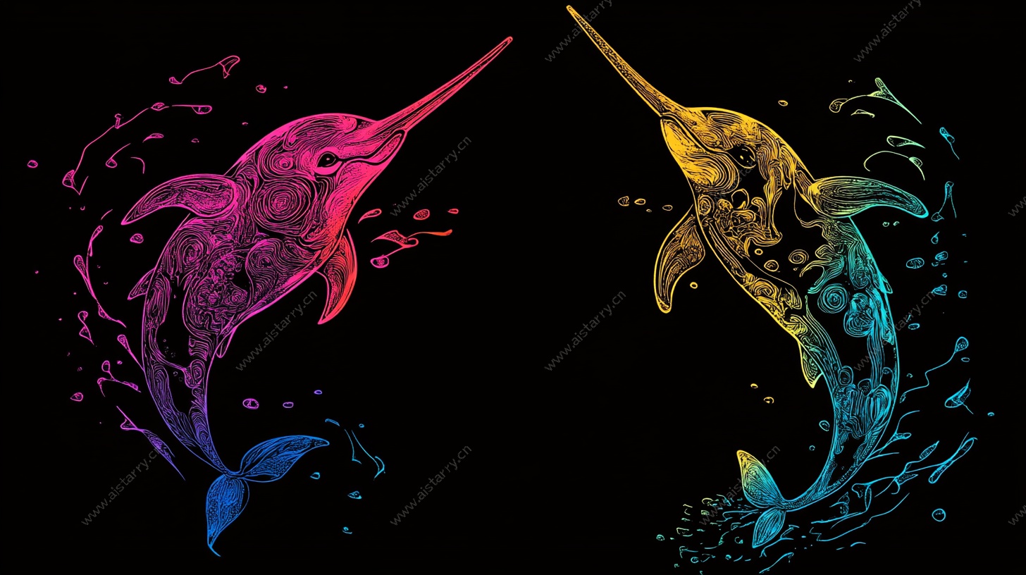 双独角鲸彩色艺术插画