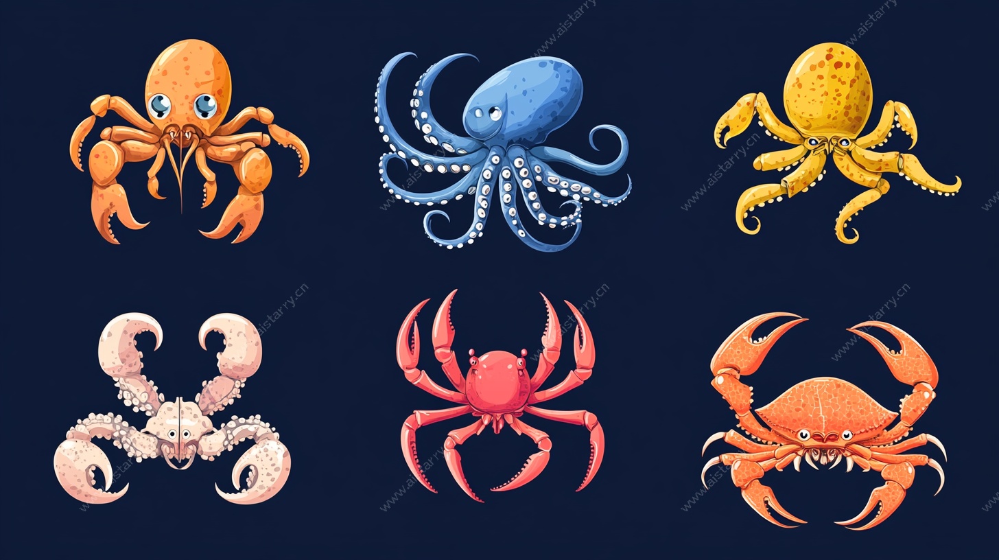 海洋萌趣蟹与章鱼插画