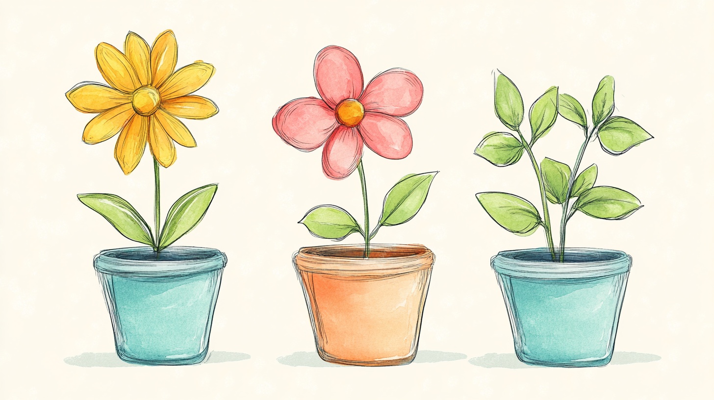 三盆可爱手绘盆栽花卉